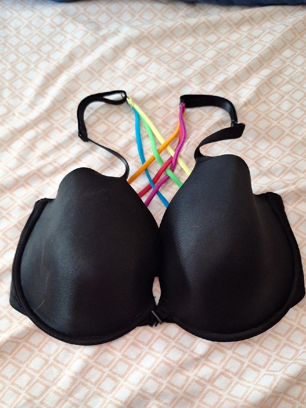 PINK - Front Close Black Bra with Multicolor Strappy Back